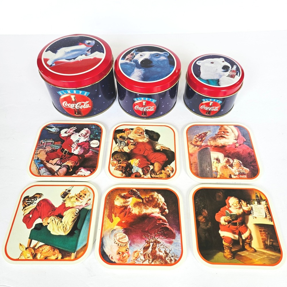 Vintage Coca-Cola Christmas Tin Set and Santa Coasters Holiday Bundle 9pc